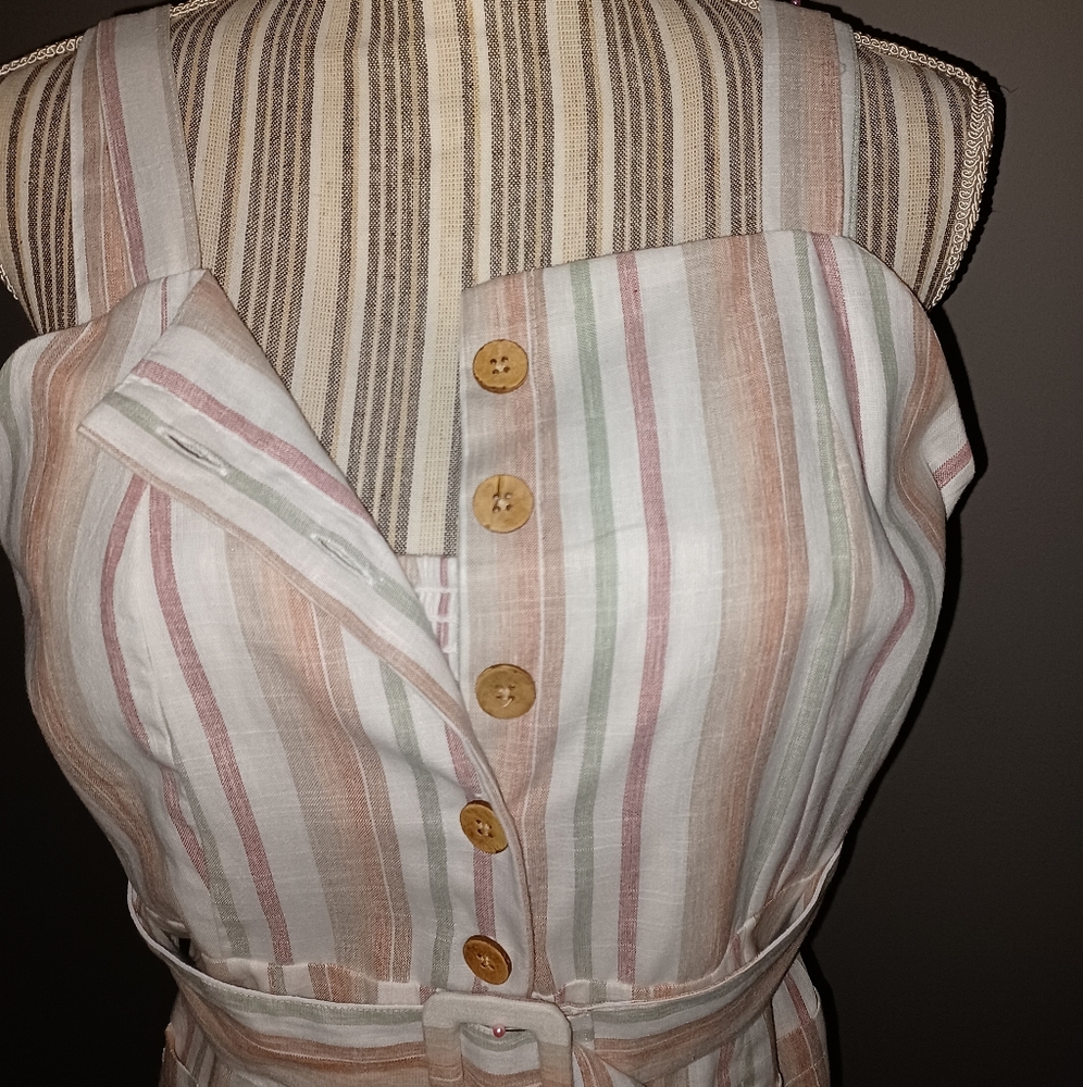 Stripped, single strapped jumpsuit, ankle length, cuffed legs, belt, pockets MED - Picture 3 of 6